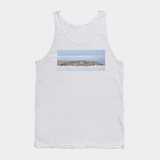 Lake landscape and forest island at winter day Tank Top